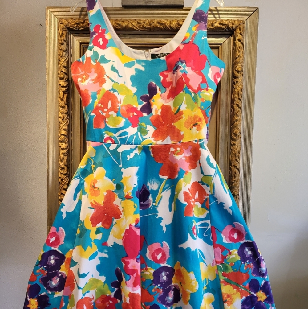 Ralph Lauren size 8 sleeveless A-line dress in bright floral cotton